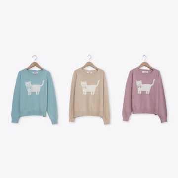 【CUMAR】可愛毛絨小貓拉克蘭袖針織上衣 藍 粉 杏(魅力商品)