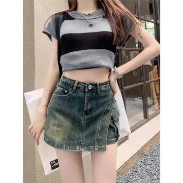 高腰復古牛仔半身裙女夏季新款大碼胖MM不規則顯瘦a字包臀短褲裙