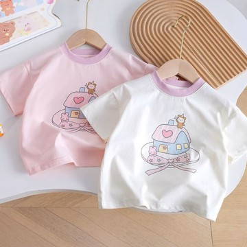 Healthy baby 女童短袖T恤純棉印花卡通動漫中薄款圓領拼接撞色夏季款兒童短袖女童T恤女童短袖短袖T恤女孩 女