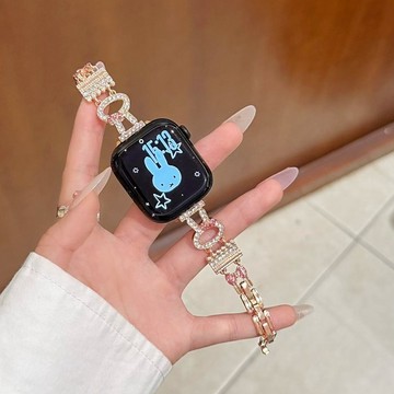 新款可愛小兔子鑲鑽 適用applewatchS11/10手錶帶 金屬輕奢se 時尚腕帶