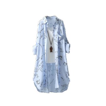 大碼女裝秋季新品POLO領單排扣字母印花中長款長袖襯衫防曬衣開衫