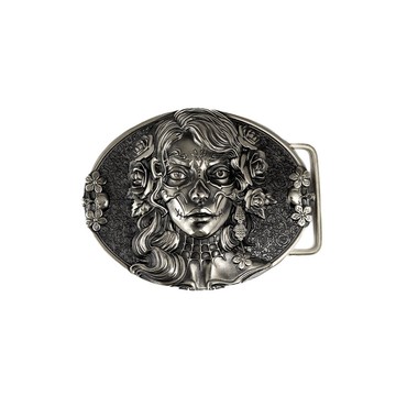 骷髏手工實心鎳銀皮帶頭，墨西哥聖死塔皮帶