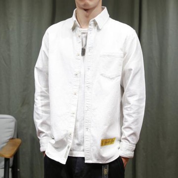 日系復古秋季白襯衫男長袖寬松上衣青年外套韓版休閑純色襯衣男潮
