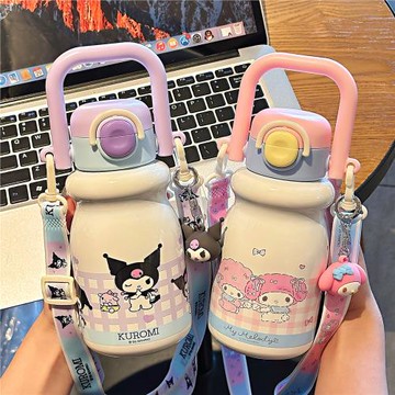 可愛三麗鷗家族系列牛奶一杯雙飲保溫杯可調節杯繩便捷硅膠吸管杯