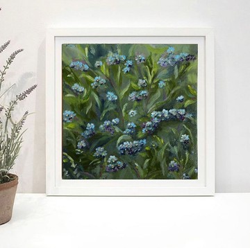 花勿忘我原創油畫。尺寸 15x15 厘米。準備裝船。