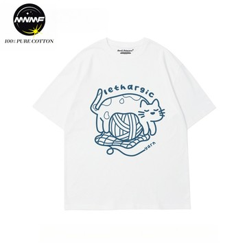 【MNMF】線條貓咪印花T女 INS風 100%純棉 短袖T恤女 短袖上衣男 女生上衣 短T 夏天衣服 短踢 圓領正肩