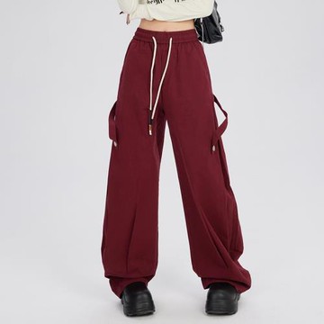 酒紅色拼接解構休閑工裝褲女2026新款寬松垂感直筒百搭闊腿長褲子