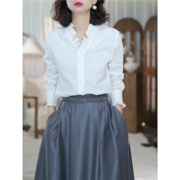 冬季高級感上衣時尚洋氣獨特別致白色木耳邊長袖襯衫大碼女裝胖mm