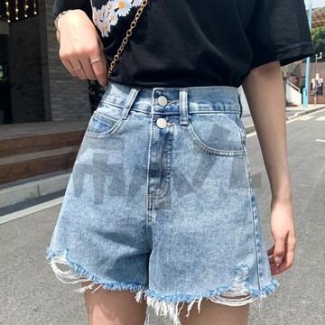 【佈小九】潮流闊腿牛仔短褲女 寬鬆短褲  韓版高腰顯瘦破洞短褲 短褲 網紅a字短褲潮 褲子