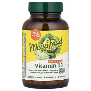 MegaFood, 維生素 D3，125 微克（5,000 國際單位），60 粒膠囊