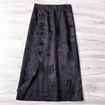 潮牌側開叉顯瘦高腰提花高端半身裙女2025夏季新款國風盤扣中長裙