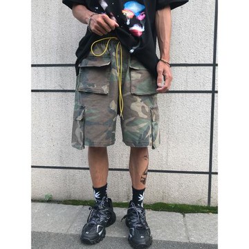 歐美高街水洗多口袋工裝迷彩褲寬松五分褲男原創潮牌長繩vibe短褲