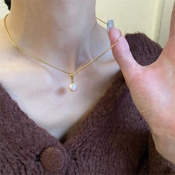 臻奢品客訂留倉韓國一顆溫柔精致珍珠粉項鏈可水洗百搭鎖骨鏈閨蜜