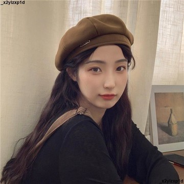 【顯臉小】貝雷帽 八角帽 貝雷帽女 日系 秋冬 新款 毛呢 棕色 復古 金屬貼片 時髦 百搭 網紅 帽子女 畫家帽 漁夫