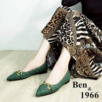 Ben&1966高級頭層羊皮尖頭菱格紋流行包鞋-草綠(208112)
