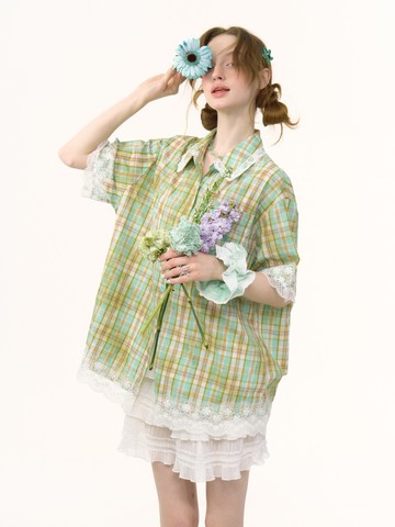 ziziFei夏季美式設計感格紋拼接蕾絲下擺上衣綠色格子短袖襯衫女