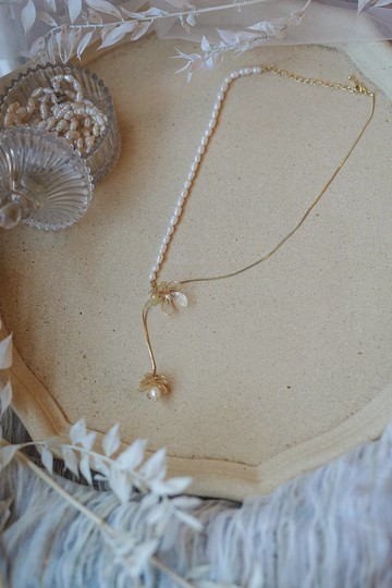 Y型水晶花樹脂淡水珍珠拼接項鍊  Y字鍊可調整長度