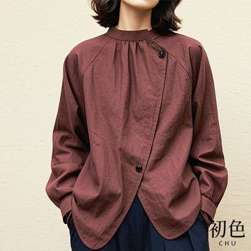 初色 純色寬鬆立領長袖斜門襟開叉新中式襯衫上衣女上衣-紅棕色-16274(M-2XL可選)