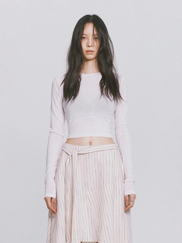 Long Sleeve Basic Asymmetrical Crop T-Shirt [White]
