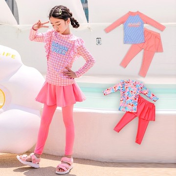 粉格 扶桑花 粉藍條紋 荷葉長袖防曬泳衣+褲裙長褲泳褲 套裝 水母衣 防寒 大童 女童 兒童 防曬 泳裝 橘魔法 現貨