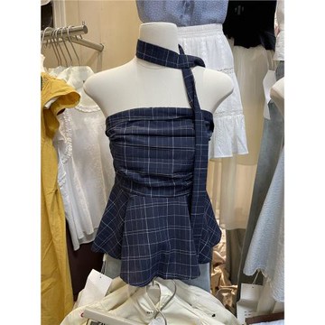 十三行2025年通勤時尚夏季凈色格子氣質收褶顯瘦減齡百搭抹胸上衣