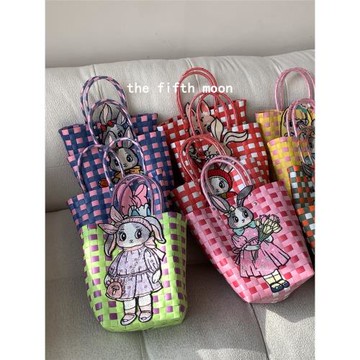 thefifthmoon可愛卡通敞口刺繡貼編織籃大容量塑料籃手提籃菜籃子