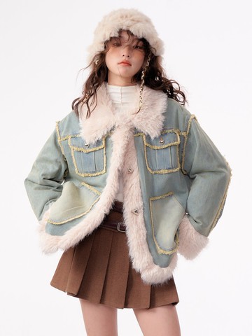 ziziFei秋冬高級感美式復古加厚夾棉羊羔毛絨牛仔棉衣棉服外套女