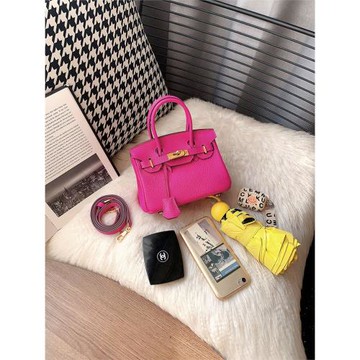 h家鉑金包女真皮togo皮通勤包女大容量玫紅色包包手提鉑金包真皮