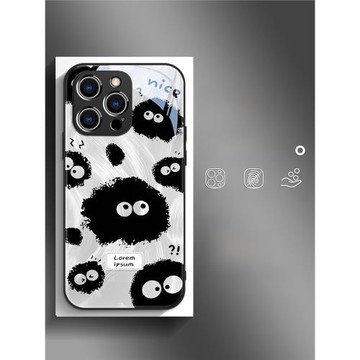 潮牌煤球適用蘋果16promax手機殼新款iPhone15高檔玻璃13時尚14pro卡通12簡約文藝11帶鏡頭膜plus情侶創業女