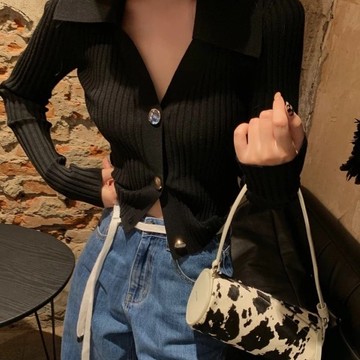 翻領長袖針織衫 優雅輕熟風修身顯瘦上衣-凱西娃娃