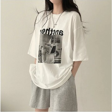 Vuja de 純棉 t恤 短袖上衣女 模特印花 T恤 韓國上衣 oversize T恤 潮流衣服 寬鬆上衣 ins風
