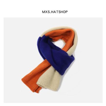 洋氣~拼色ins小圍巾女韓版百搭網紅款毛線圍巾冬天保暖軟糯小圍脖