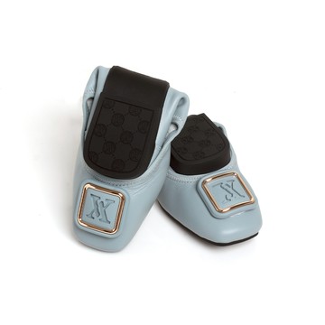 芳達2· 全真皮金框logo方頭摺疊平底娃娃鞋-灰藍(版型偏小1碼)