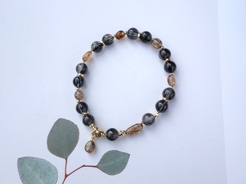 黑鎏金脈//順髮黑髮晶隨型黑金超招財能量手鍊