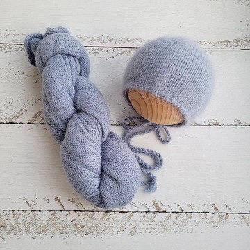 藍灰色蓬鬆新生兒帽，帶包裹、針織拍照道具