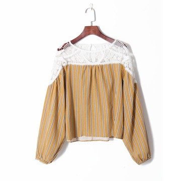 秋冬新款女裝時尚韓版條紋拼接蕾絲鉤花圓領套頭寬松襯衫
