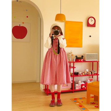 溜與禮物 原創自制假兩件紅格子連衣裙甜美裙子寬松2023春夏新