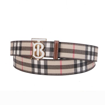 BURBERRY 格紋金字LOGO雙面3CM兩用皮帶(米色/棕褐色)