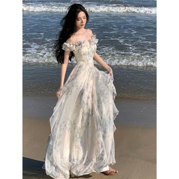 海邊度假風吊帶裙紗法式荷葉邊沙灘連衣裙氛圍感長裙飄逸仙女范