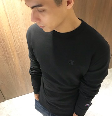 美國百分百【Champion】冠軍 T恤 長袖 休閒 T-shirt logo 素T 刷毛 大學T 黑色 L號 J558