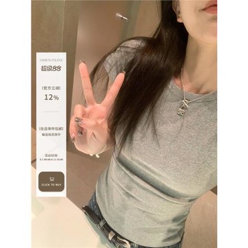 ASHENONLINE超好穿！上衣女春夏時尚修身收腰圓領灰色正肩短袖t恤