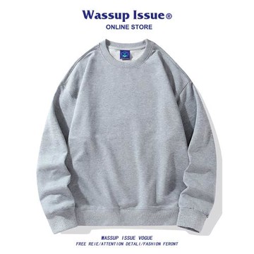 WASSUP ISSUE日系純色圓領衛衣男款春秋季潮牌寬松百搭打底上衣男
