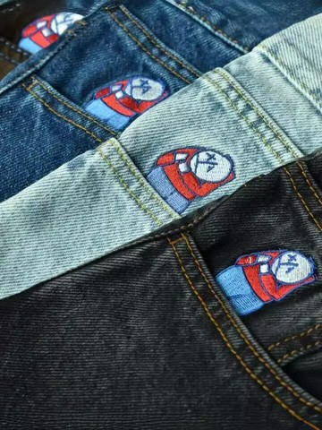 春季新款極地大男孩刺繡直筒牛仔褲 男女同款潮流休閑百搭牛仔褲鑫弘-衣錦男裝