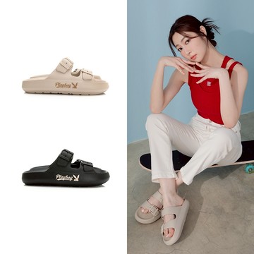 PLAYBOY 復古美式 高彈力輕量厚底拖鞋-米杏/黑/奶茶(PYT015)