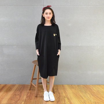 秋裝∣厚紡繡標條紋拼接連身洋裝(共三色)