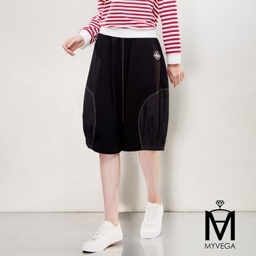 MYVEGA麥雪爾 MA異材質拼接鬆緊腰花苞八分裙-黑