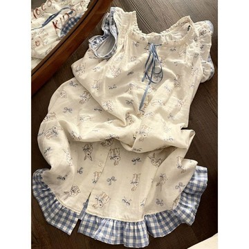 【臺灣出貨】韓系可愛少女公主風蝴蝶結兔子睡裙女夏天短袖大碼居家親膚家居服