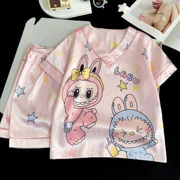 星星人冰絲睡衣女夏季短袖褲卡通可愛V領仿真絲家居服中大童套裝網紅同款、熱門單品 人氣好物