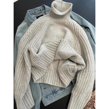 復古米灰色粗線高領套頭毛衣女秋冬加厚慵懶風寬松針織衫高級上衣