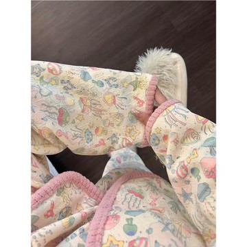 法式甜美少女趣味卡通印花保暖空氣棉睡衣女秋冬季加厚家居服套裝